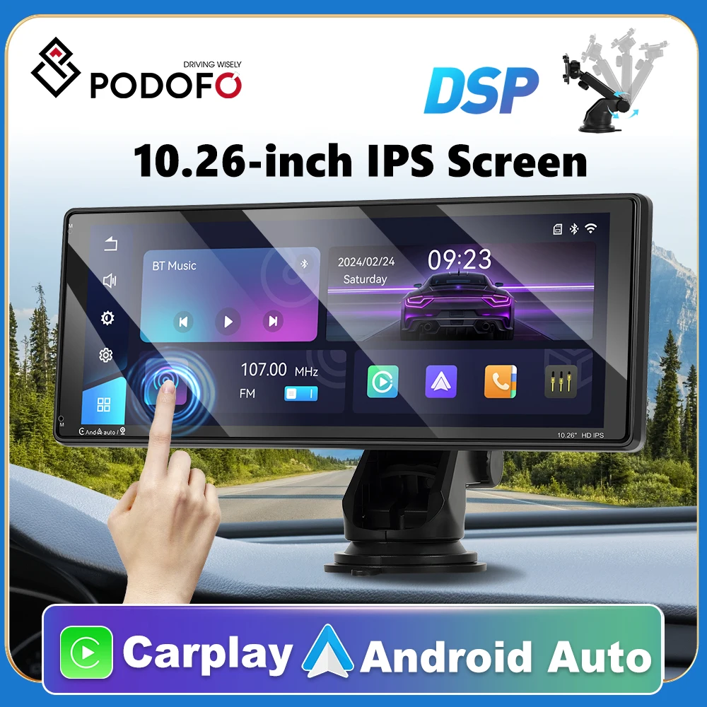 Podofo 10.26-inch Screen Carplay Portable Smart Player Suppport Rear Camera Android Auto/CarPlay Video Recording 24H Car Mirror