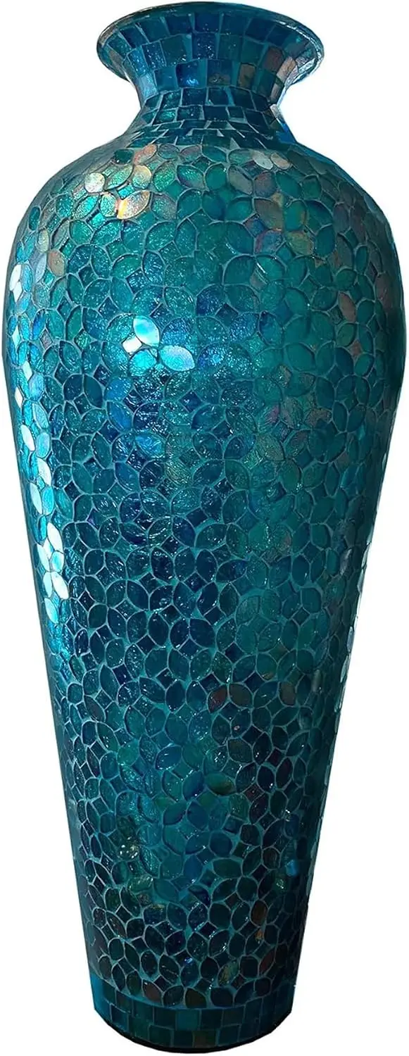 20” Tall Mosaic Floor Vase, Handmade Turquoise Metal Vase with Moorish Floral Glass Inlay, Decorative Accent for Living Room, Be