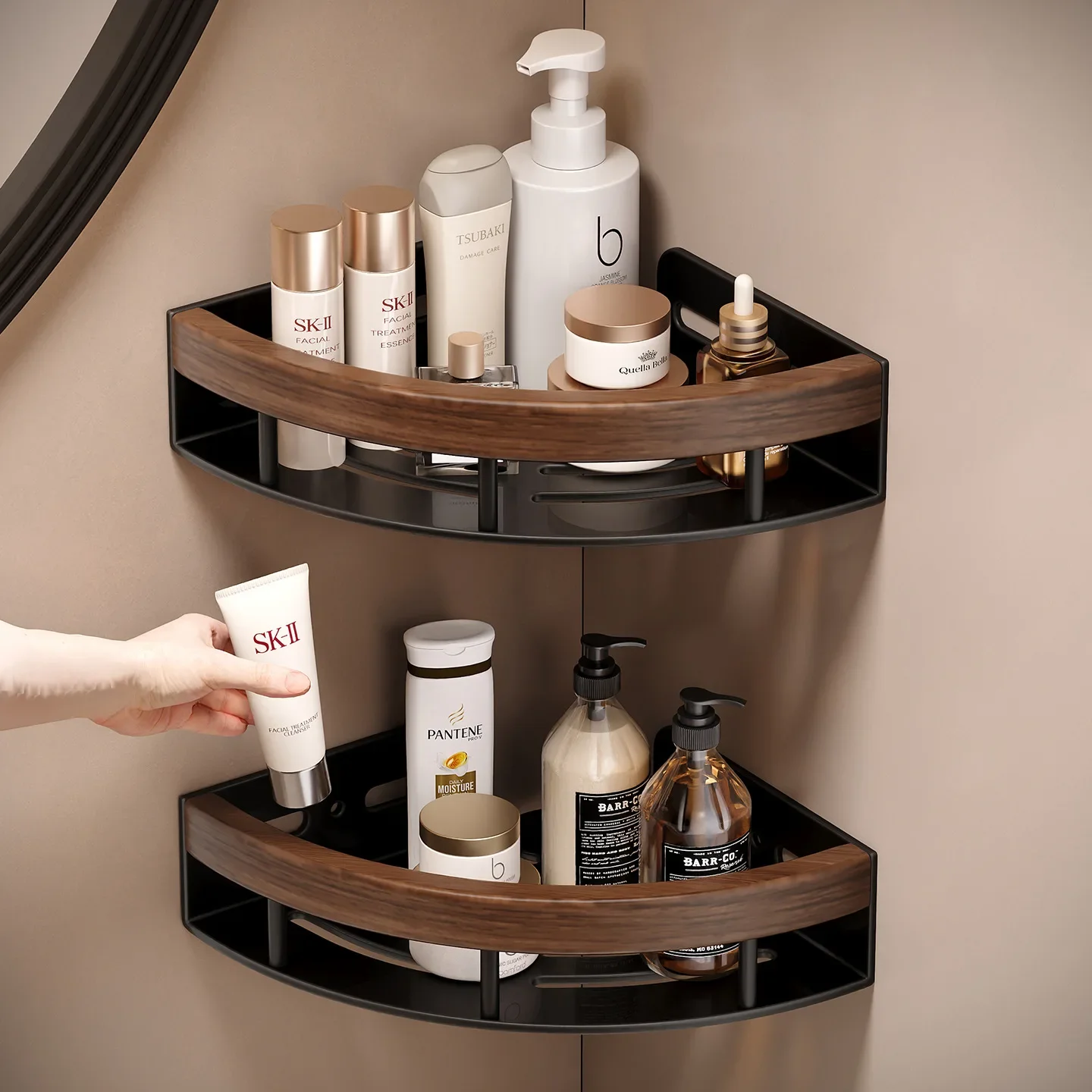 Walnut wood bathroom triangular storage rack