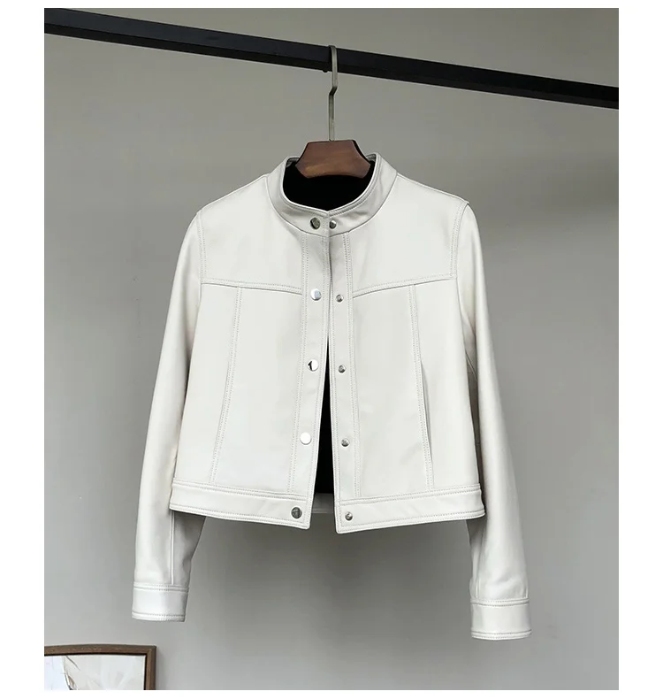 Lautaro Spring Autumn Short White Soft Pu Leather Jacket Women Stand Collar Long Sleeve Elegant Chic Luxury Designer Clothing