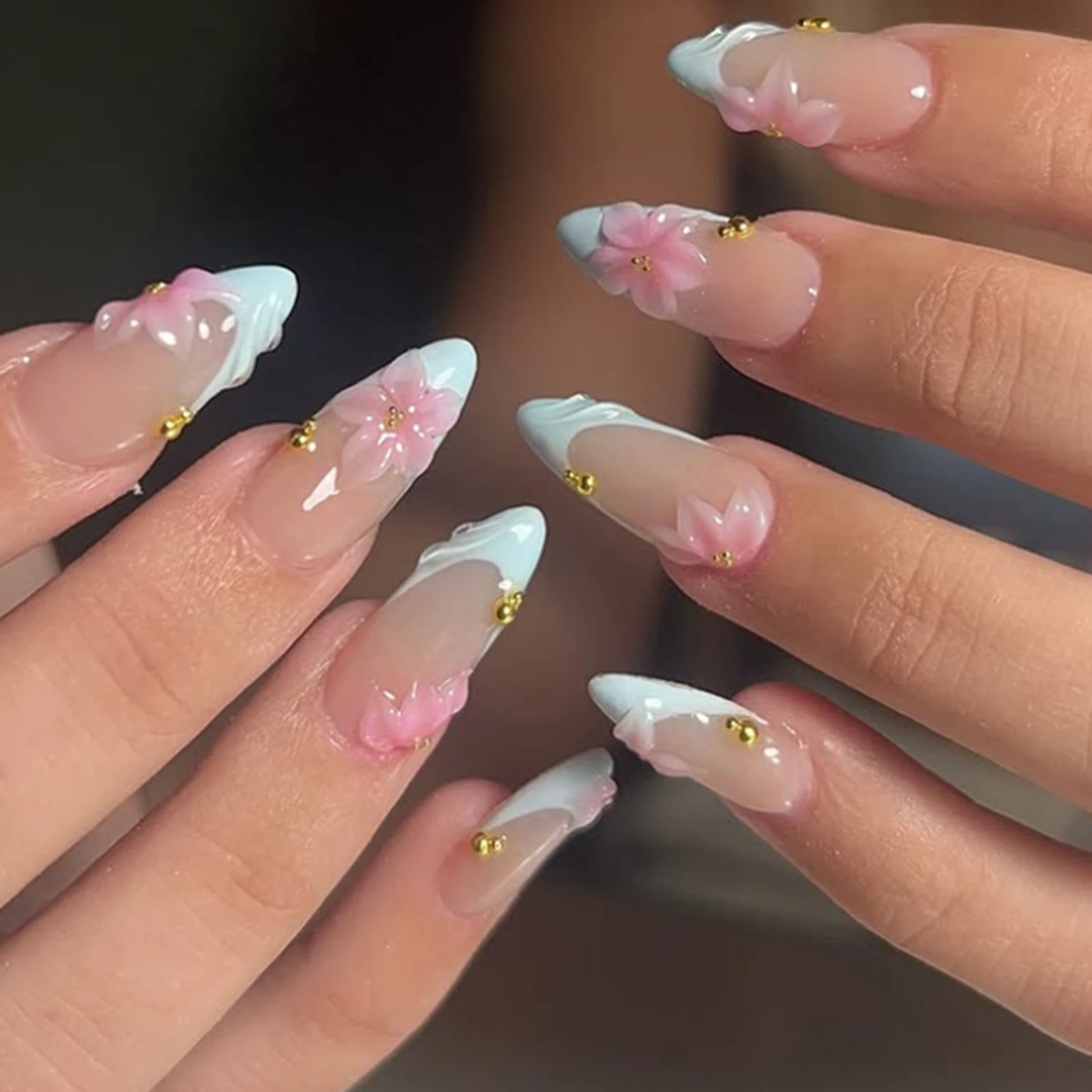 30Pcs 3D Epoxy Multicolor Flower Press On Nails With Resin Base For Wedding Party Everyday Wear