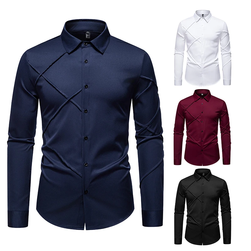 

Men Long Sleeve Turndown Collar Mens Dress Shirts 3D Wrinkle Design Casual Male Clothes Chemise Hemd Homme Shirt S254