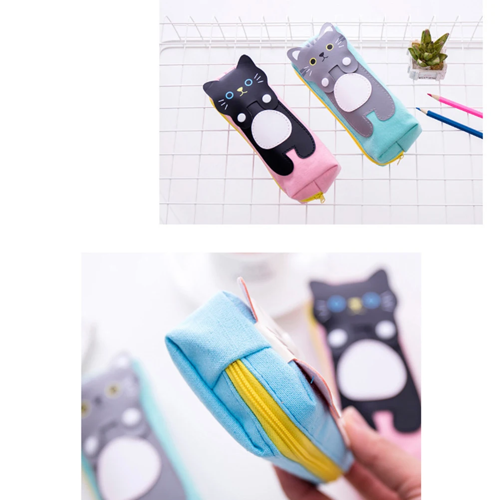

2 Pcs Pencil Case Pouch Holder Bag Cat Pattern Cute School Stationery Canvas High Capacity