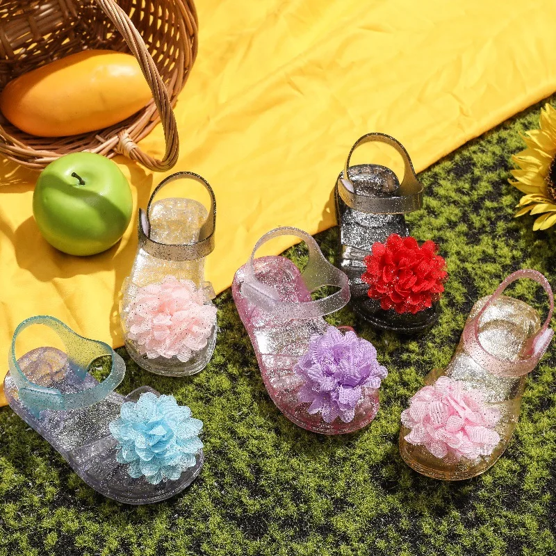 Girls Glitter Jelly PVC Flower Accessories Sandals Toddler Little Kids Buckle Closure Retro Woven Cut-Out Summer Beach Shoes
