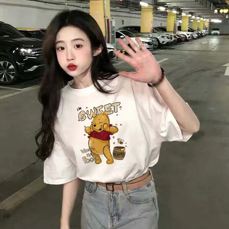 

2024 New Disney Winnie the Pooh Short sleeved Korean Top Versatile Fashion Casual Cartoon Anime Cute Color Printed T-shirt