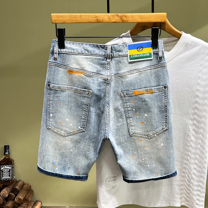 Jean Déchiré pour Homme, Short en Denim, Slim Fit, Peint, Hip Hop, Bleu Clair, Créateur Rétro, Mode de Rue, Été