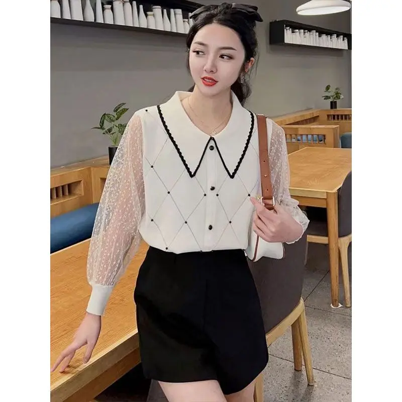 Xiaoxiangfeng Bubble Bead Baby Neck Chiffon manica lunga 2024 primavera e autunno nuovo stile camicia lavorata a maglia sottile e sottile