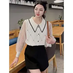 Xiaoxiangfeng Bubble Bead Baby Neck Chiffon manica lunga 2024 primavera e autunno nuovo stile camicia lavorata a maglia sottile e sottile