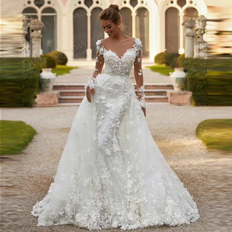 Abito da sposa a sirena con strascico staccabile 2025 ricamato con fiore 3d Abito da ballo slim-line Manica intera Vestido De Novia Personalizzato