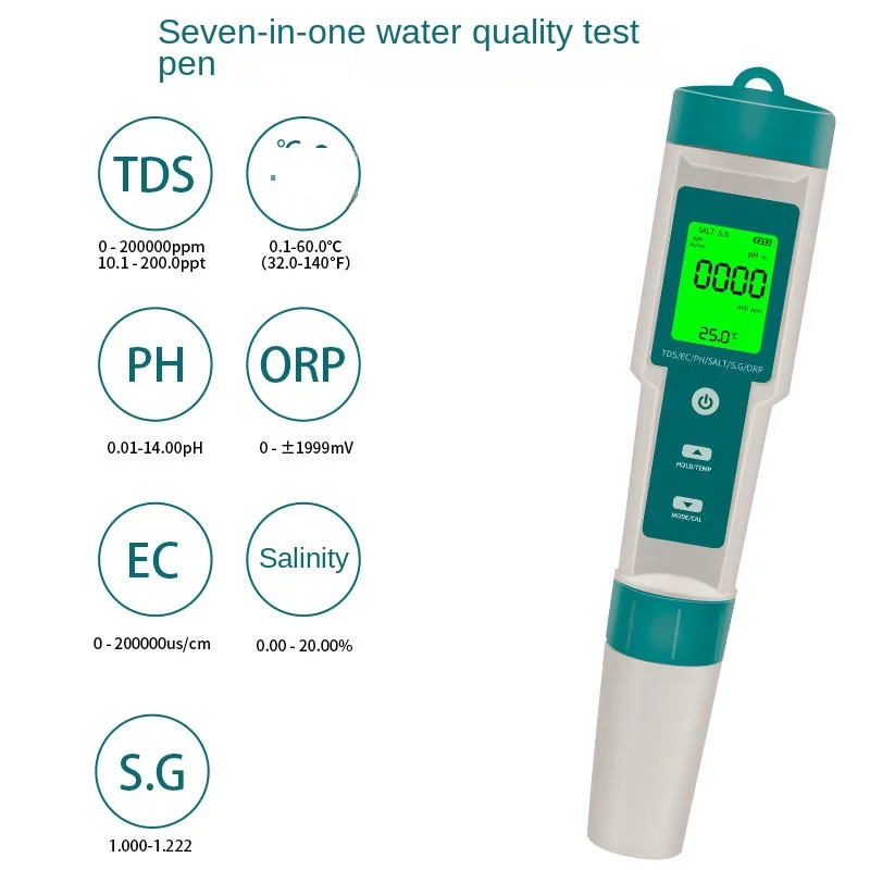 Seven-in-one water quality test pen PH/TDS/EC/SALINITY/SG/ORP/TEMPERATURE PORTABLE EIGHT-FUNCTION PH TEST PEN