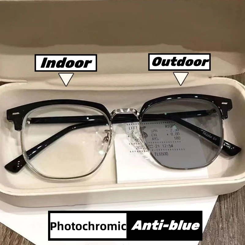 2023 Blue Light Blocking Photochromic Myopia Glasses Retro Fashion Half Frame Near Sight Eyeglasses Men Women Outdoor Sunglasses