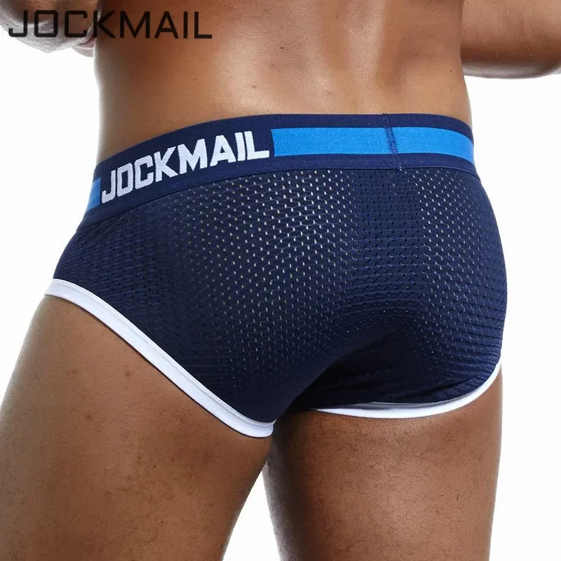 Jockmail Marke sexy Mesh atmungsaktive Männer Unterwäsche kurze Cueca Homosexuell Nachtwäsche Calzoncillos Hombre Schritt Baumwolle Tasse Höschen