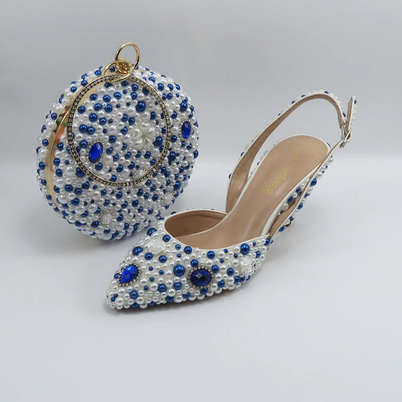 2024 nuovo arrivo Blue Pearl spike scarpe da festa femminili e borsa scarpe da sposa donna moda tacco sottile pompe alte poco profonde