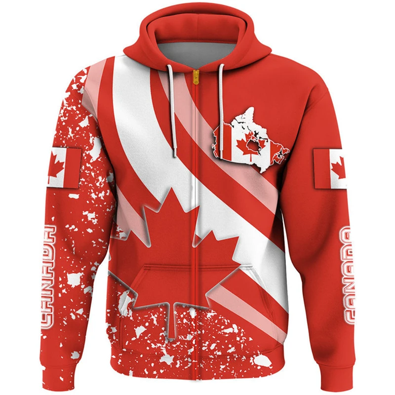 Canada National Flag Print Zip Hoodies For Men Fashion 3D Printing New in Sweatshirts Hip Hop Harajuku Oversized Pullover Tops