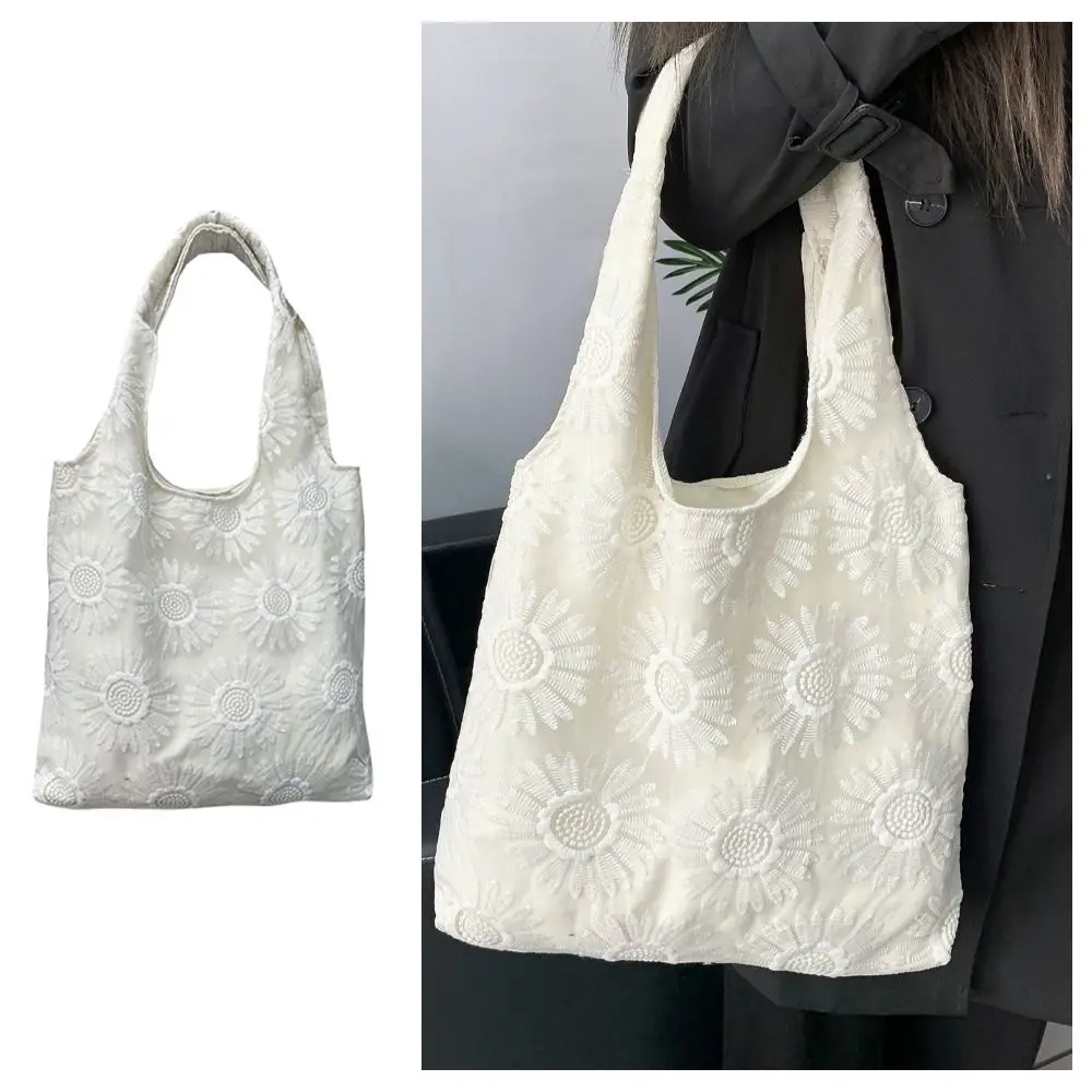

Large Capacity Retro Shoulder Bag White Embroidery Lace Bohemian Handbag Sunflower Design Elegant Tote Bag For Women