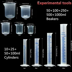 Lab Plasticware Set,4 Clear Plastic Graduated Cylinders with 5 Beakers +1 Brush