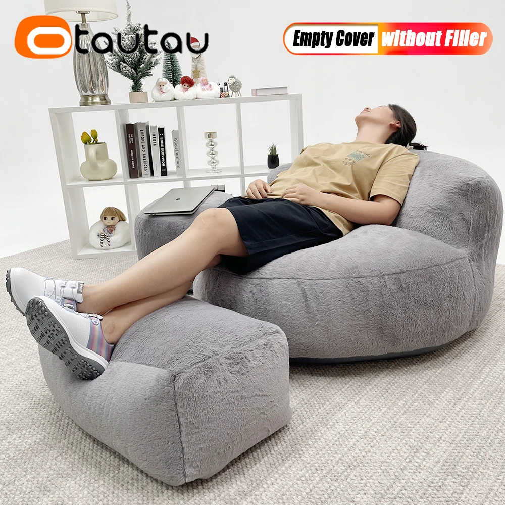 OTAUTAU 3.3ft Faux Fur Bean Bag Cover Without Filler Floor Seat Beanbag Pouf Chair Lounger Ottoman Salon Couch SF300