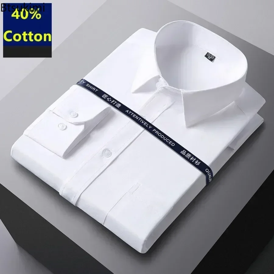 2026 Men's Formal Business Shirts Cotton Soft Tops Man Long Sleeve Lapel Solid Non-ironing Office Shirts Slim Fit Shirts for Men