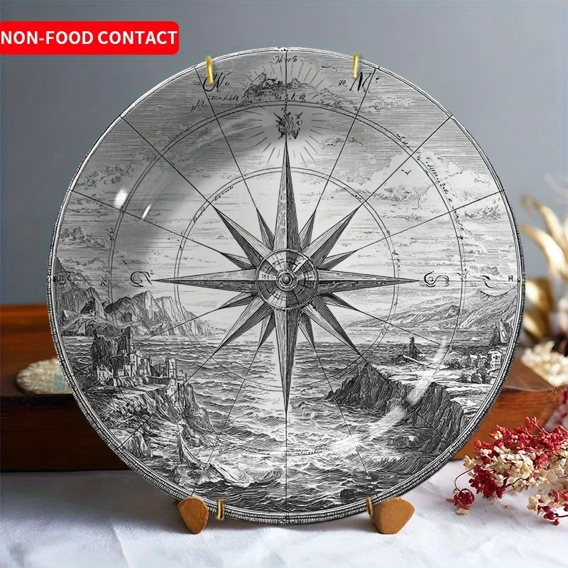 A Vintage Nautical Style Black And White Ceramic Decorative Plate Featuring a Easy Round Compass Rose Design. This Art Piece Is