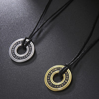 Literary retro style titanium steel cut corrosion smeared stainless steel Loon letters hollow circle pendant leather cord neckla