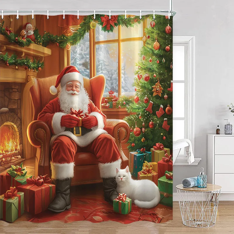 Cute Snowman Christmas Shower Curtain Winter Forest Xmas Trees Snow Lights New Year Home Bathroom Decor Bath Curtains With Hooks