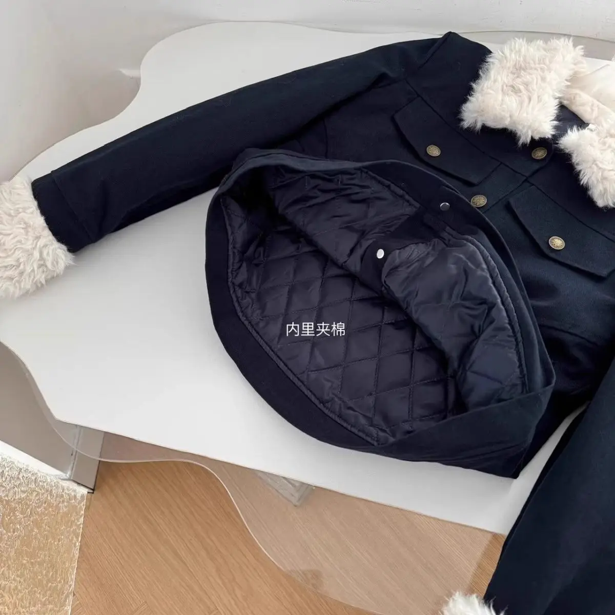 Faux Lambswool Patchwork Short Quilted Cotton Jacket Coat Women Retro Slim Navy Blue Padded Coat Female Workwear Style Outerwear