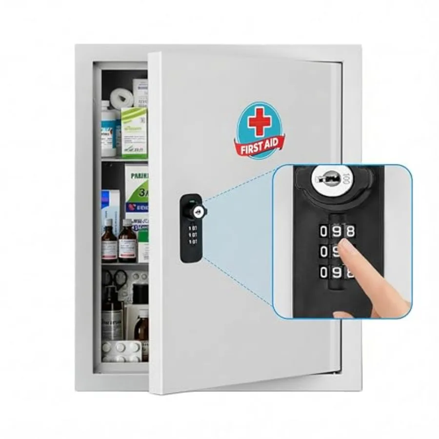 

Wall Mounted Metal Medicine Cabinet with Key Lock, First Aid Medication Storage Box, White