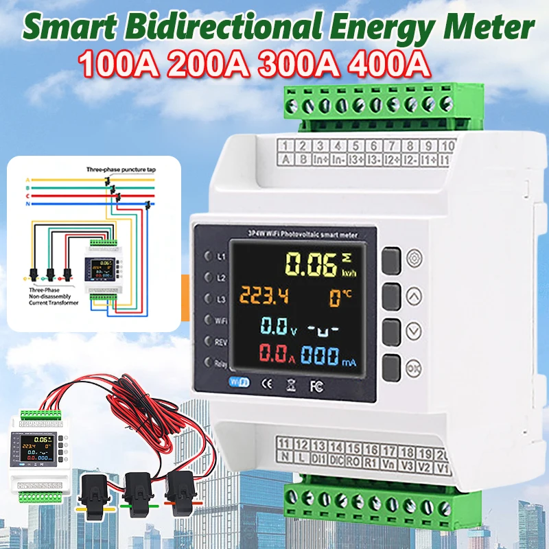 100A WiFi Tuya Smart Transformer Meter met 3 CT-klemmen, over- en onderspanningsbeveiliging, bidirectionele energiemeter voor thuisgebruik