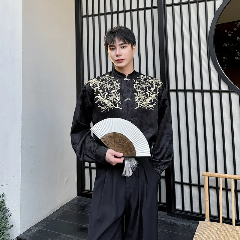 

New Chinese Sle Men's irt Small Stand Collar Embroidered Song Jin Inner Wear Hanfu Jaet Loose Fit Long Sve Floral