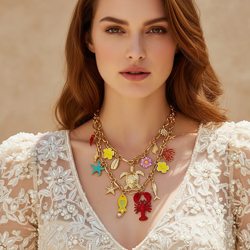 Light luxury hand-spliced multi-layer lobster tropical fish coral sea turtle pendant necklace marine element collarbone chain fe