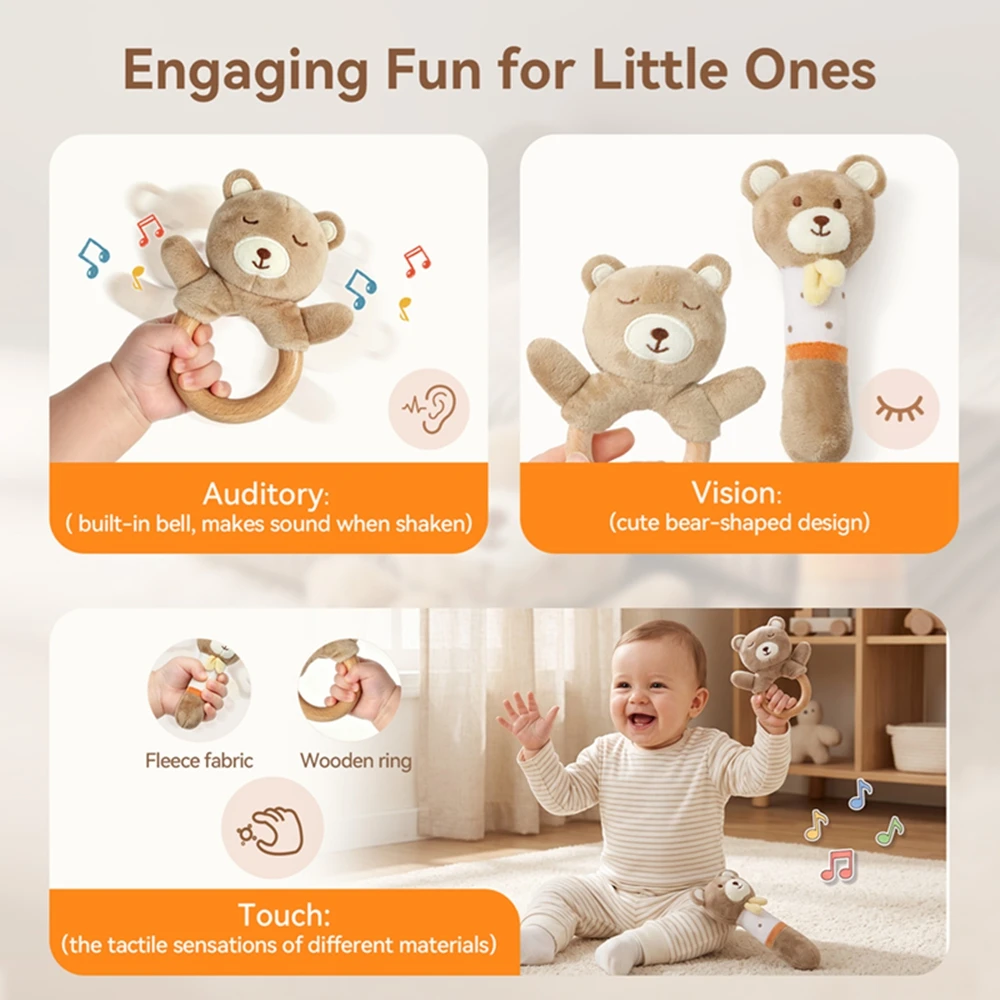2Pcs Plush Rattle Set Cartoon Bear Rabbit Soft Hand Grip Rattles Infant Sensory Toy for Auditory Development Newborn Shower Gift