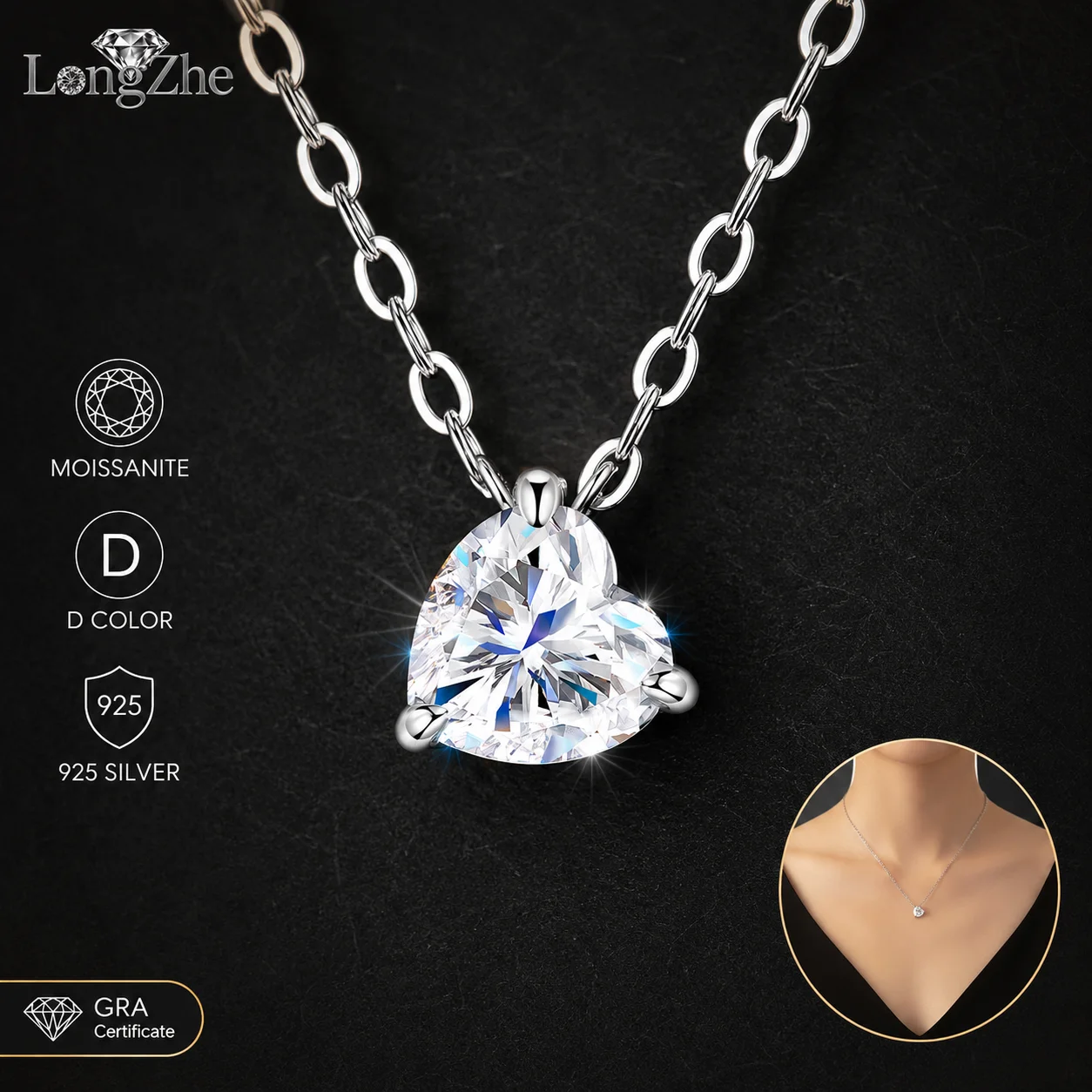 

Moissanite Heart Necklace for Women 1CT 6.5mm S925 Sterling Silver Solitaire Pendant Wedding Anniversary Jewelry Gift
