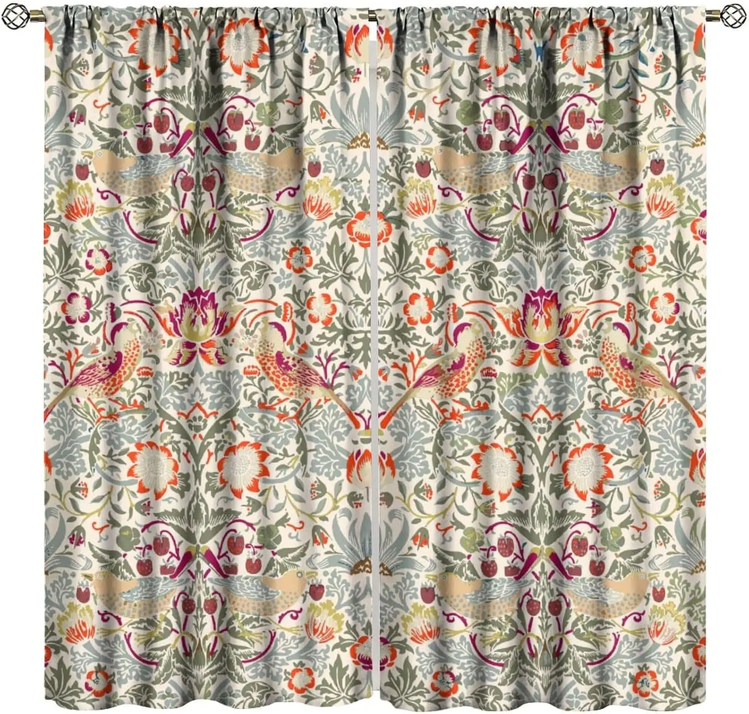 Abstract William Morris Print Blackout Curtains,Watercolor Vintage Floral Flower Bird Art Window Drapes, for Living Room Bedroom