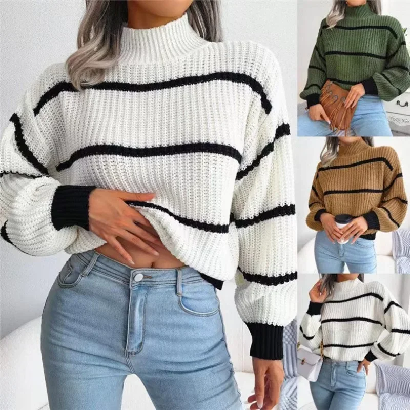 

Sweaters Women Tops Pullovers Mock Neck Lantern Sleeve Knitted Striped Jumpers Casual Elegant Splice Autumn Winter 2024