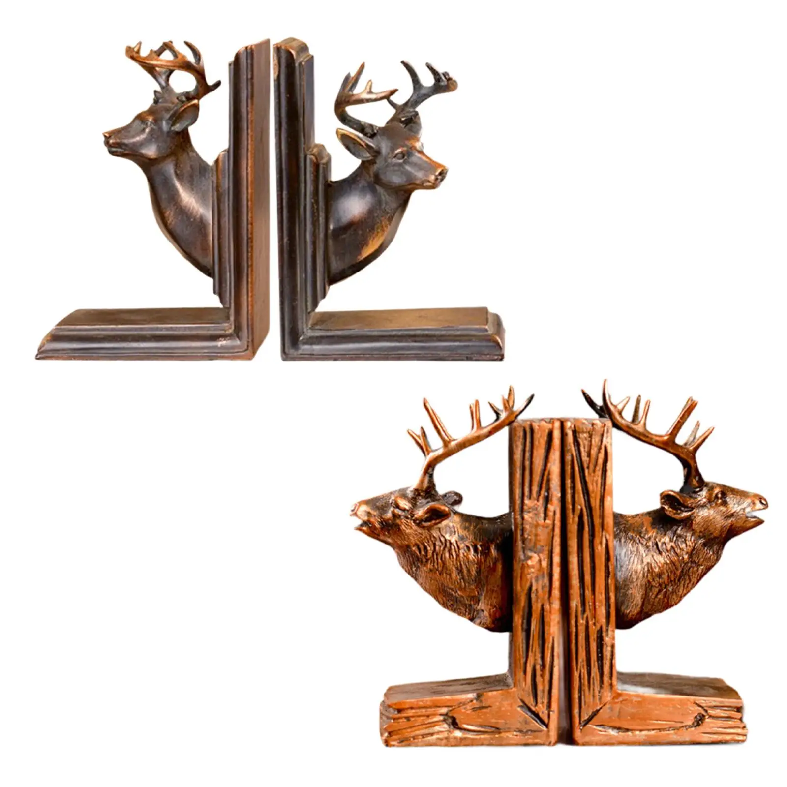 2x Elk Head Statues Bookends Art Crafts Resin Book Shelf Holders Decorative Figurines for Entrance Office Bookshelf Desk Cabinet