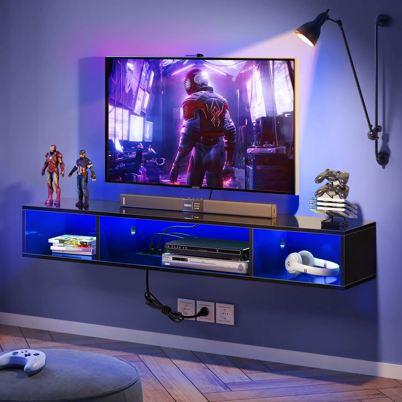 Power Outlet Black Media Console Floating Entertainment Wall Mounted TV Shelf Stand Cabinet with RGB Lights for Living Room