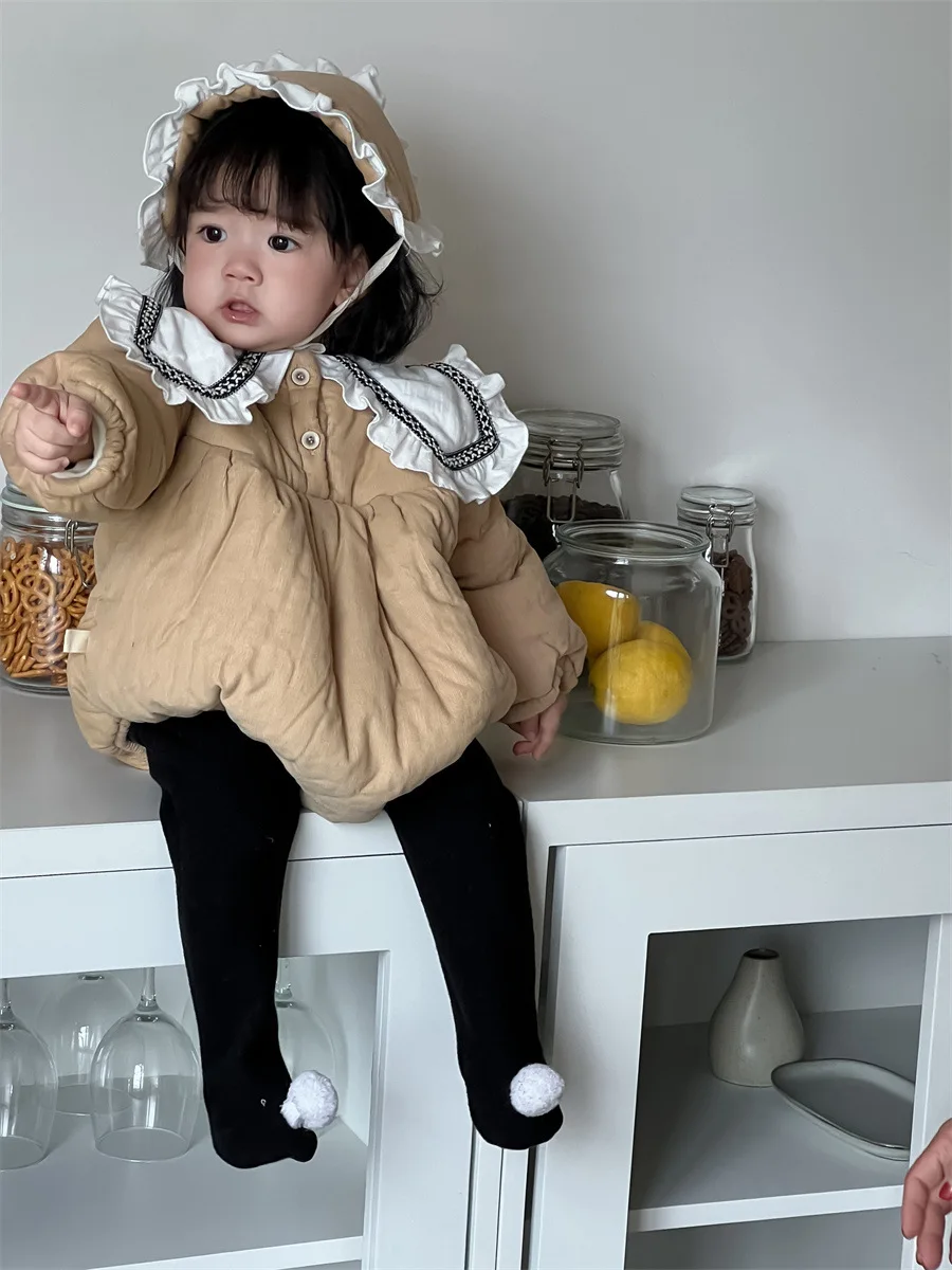 2024 Winter New Baby Girl Large Lapel Fleece Bodysuit + Hat Plus Velvet Thick Newborn Cotton Jumpsuit Infant Warm Clothes 0-24M