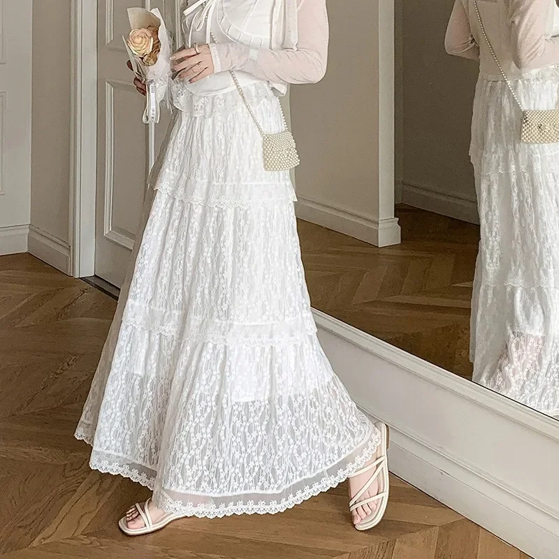 

Cake Skirts Tirred Ruffles Lace White Women Elegant Ruffles A Line Long Female Casual Elastic Waist Party Sweet Skirt Fairycore