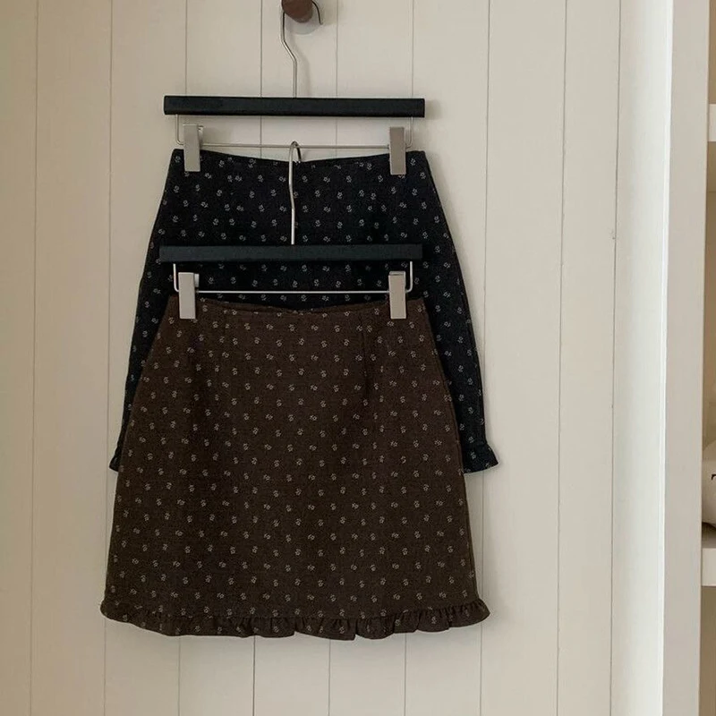 الأزهار عالية الخصر تنورة صغيرة النساء الخريف الشتاء خمر كشكش التنانير غير رسمية الكورية الرجعية ألف خط الحلو فضفاض الإناث التنانير جديد