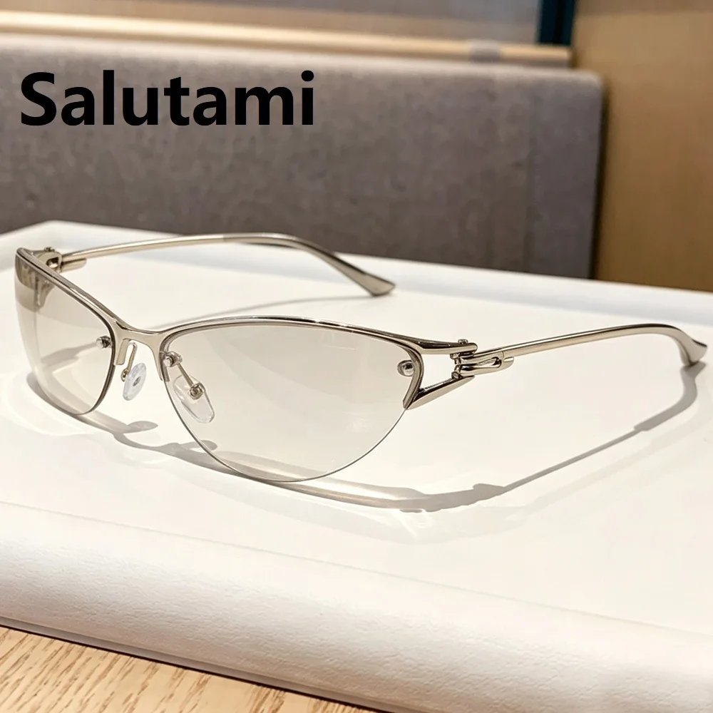 Neue silberne Y2K Metall-Cat-Eye-Sonnenbrille für Damen, modische Halbrahmen-Sonnenbrille mit klaren, getönten Gläsern, UV400, trendige Sonnenbrille für Herren, UV400