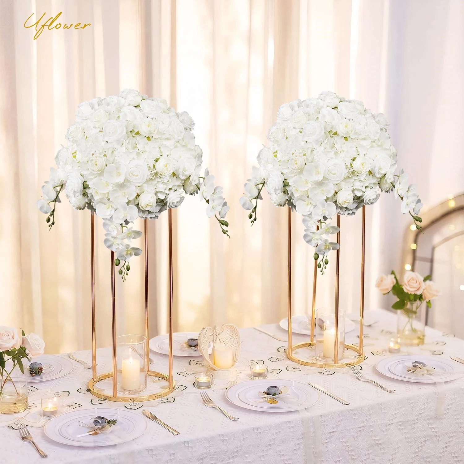 Uflower 5D White Rose Artificial Flower Row Table Wedding Centerpiece Party Wedding Floral Row Home Decor Wholesale Dropshipping