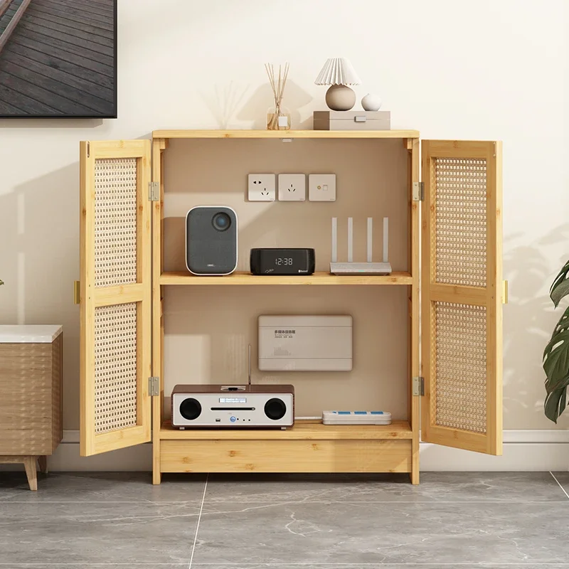 Modern WiFi Router Storage Cabinet Rattan Woven Living Room Cabinet for Set-top Box Minimalist Cable Organizer with Ventilation