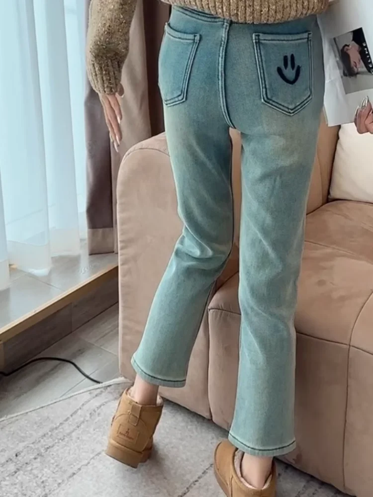 

High Waist Straight Leg Thickened Fleece Embroidered Denim Cigarette Pants Women Winter New Style Retro Slimming Hip Concealing