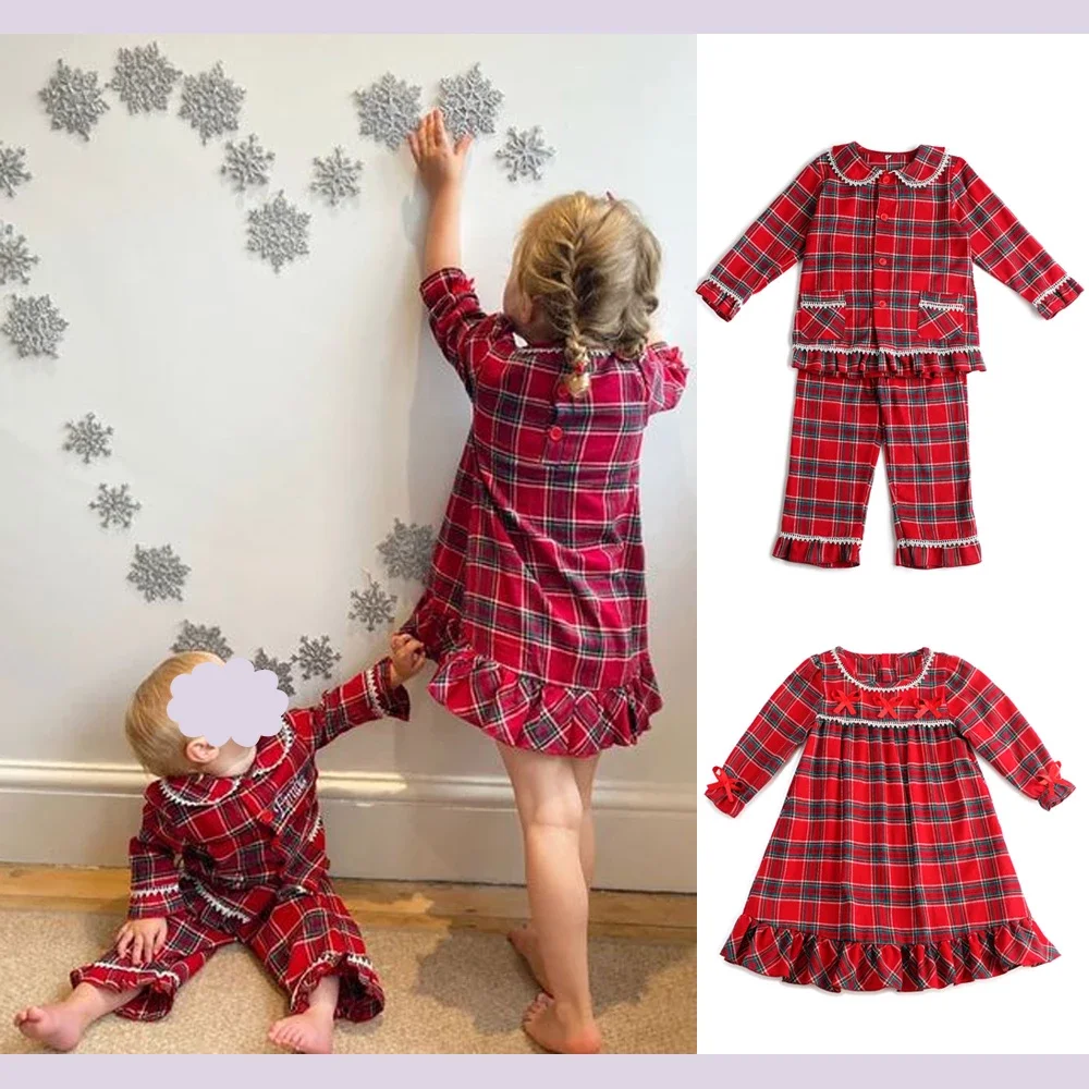 

Mudbala Kids Girls Flannel Christmas Pajamas Red Checked Sibling Matching Winter Matching Pyjamas Set