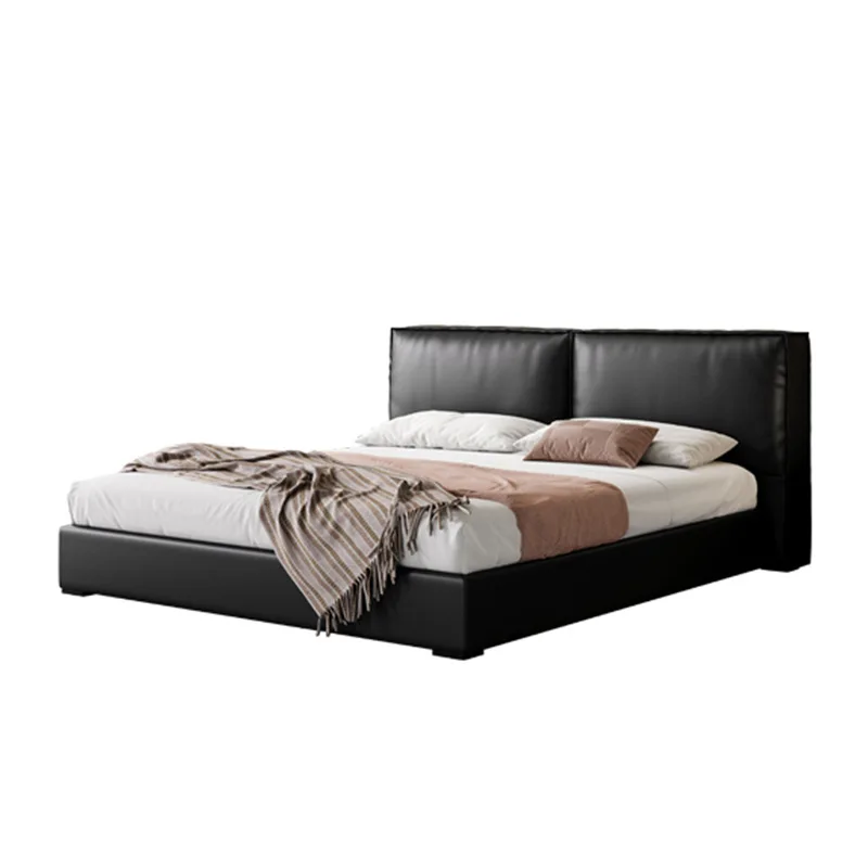 Tofu block leather bed first layer cowhide Italian minimalist master bedroom double modern villa designer wedding bed