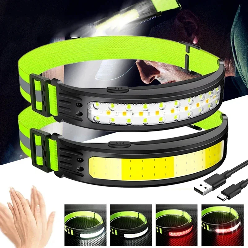 Super Bright COB Sensor Headlight Built in Battery Fishing Headlamp Rechargeable 6 Modes Head Torch Outdoor Camping Flashlight