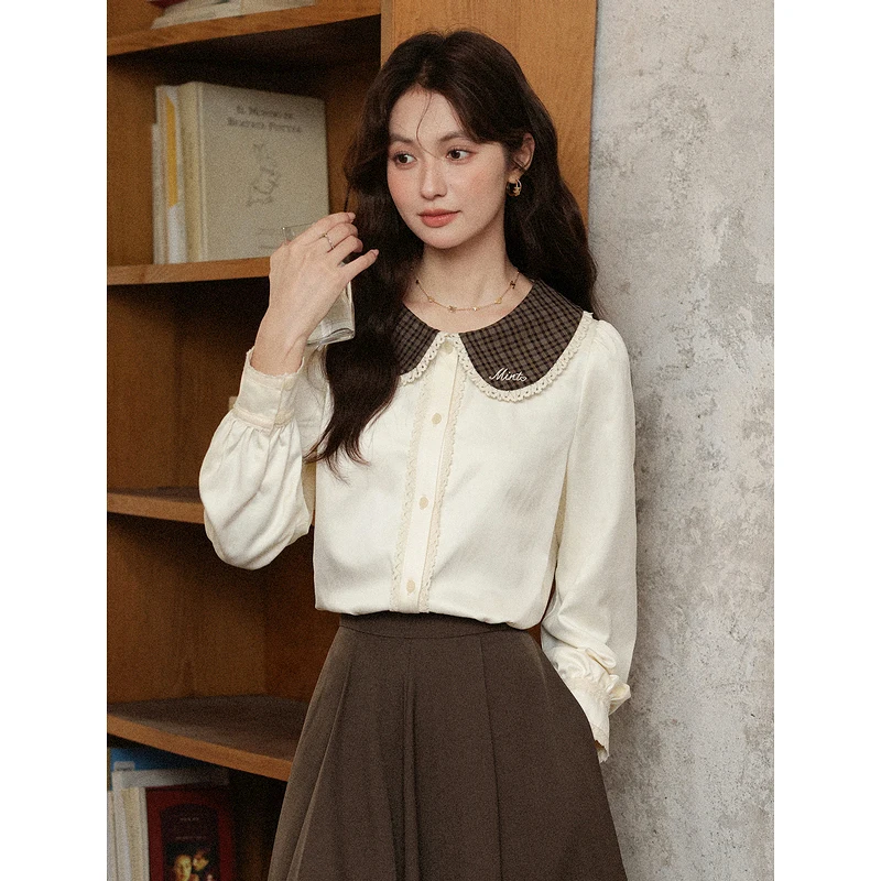 

ALXNAN рубашка с кукольным воротником, винтажная клетчатая рубашка, женские осенние элегантные блузки с длинными рукавами, 2025 повседневные офисные женские топы L57503CS