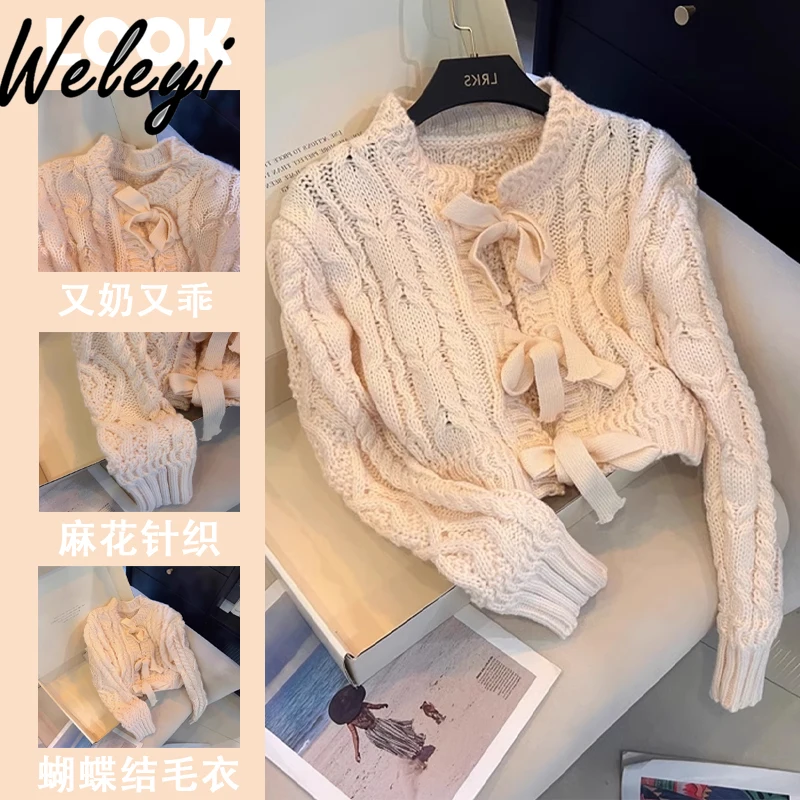 Women's Bow Twist Knitted Sweater Cardigan 2024 New Winter Jumper Gentle Long Sleeve Knitting Top for Women Cardigans