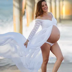 New Pregnant Women White Chiffon Dresses For Photoshoot Vintage Lace Floral Long Sleeve Maternity Maxi Dress Premama Baby Shower
