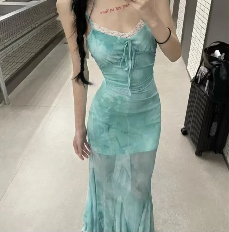 French Dress Fresh Mint Green Tie Dye Printed Mesh Suspender Long Dress Pure Desire Sexy Lace Patchwork Urban Fish Tail Dresses